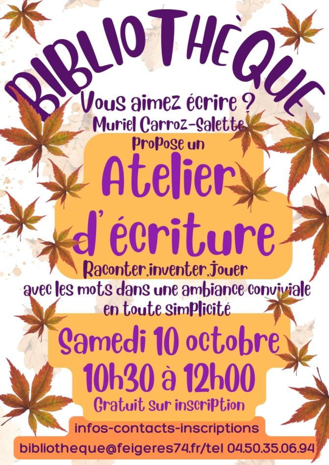 Atelier écriture bibliothèque - samedi 10 octobre 10 h 30 12 h